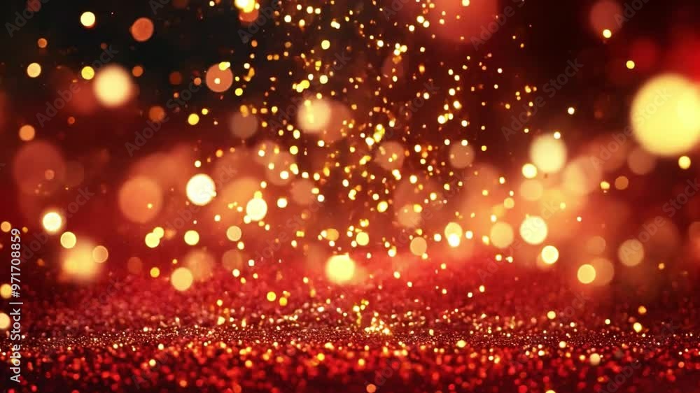 Poster a dazzling display of red and gold particles twinkle vividly, creating a festive backdrop perfect fo