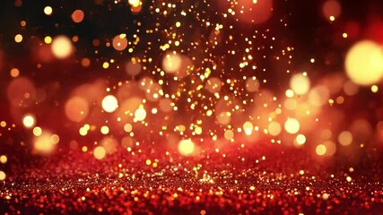 A dazzling display of red and gold particles twinkle vividly, creating a festive backdrop perfect for celebrations and special events