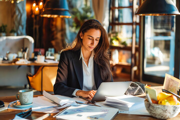 Busy 40 years old business woman working in office checking documents. Mid aged businesswoman accounting manager executive or lawyer using laptop reading paper file financial report, tax invoice