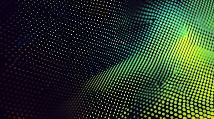 Abstract background of glowing green and yellow dots in a wave pattern.