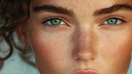 Fototapeta premium Close-up Portrait of a Woman with Freckles and Blue Eyes