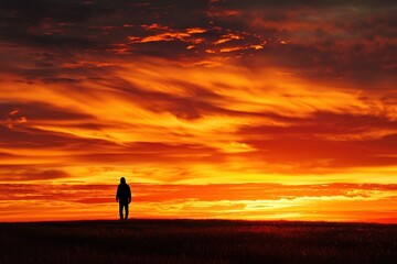 Obraz premium A solitary figure stands atop a hill, gazing at a breathtaking sunset with vibrant orange and red hues lighting up the sky