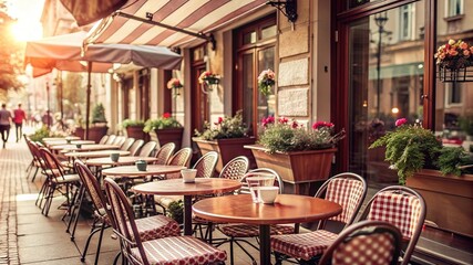 Wooden empty tables and chairs for seating and eating in cafe or restaurant outdoors