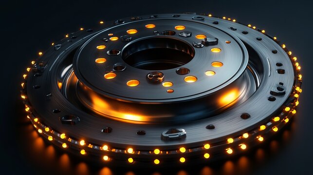 3D illustration of glowing digital data for car disc brake parts and functions showcasing both disc and drum brake systems against a dark background Concept represents technology in the - Powered by Adobe