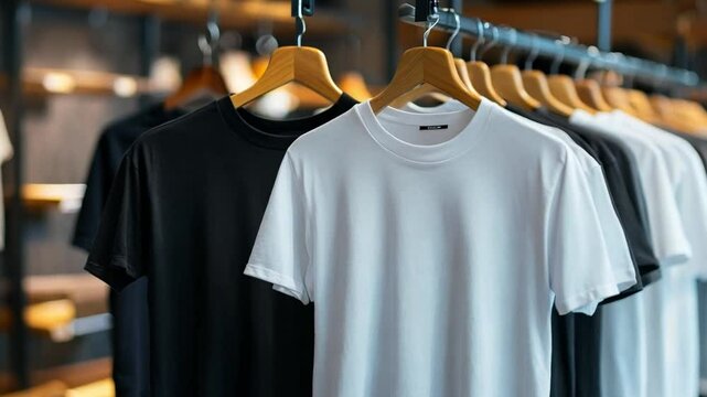 Black and white t-shirts are neatly hanging on wooden hangers, showcasing minimalist design in a retail store