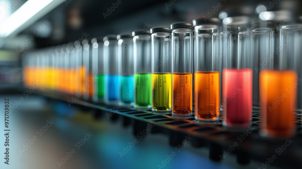Aufkleber test tubes filled with a spectrum of colorful liquids, reflecting the diversity and complexity of bi