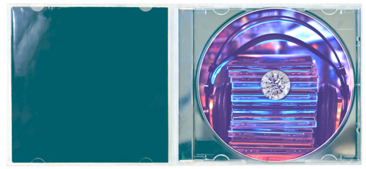 Opened CD jewel case with CD's and headphones picture
