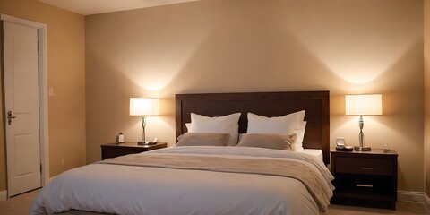 Elegant Modern Bedroom Interior with Neutral Tones and Artistic Wall Decor - Perfect for Home Design Inspiration