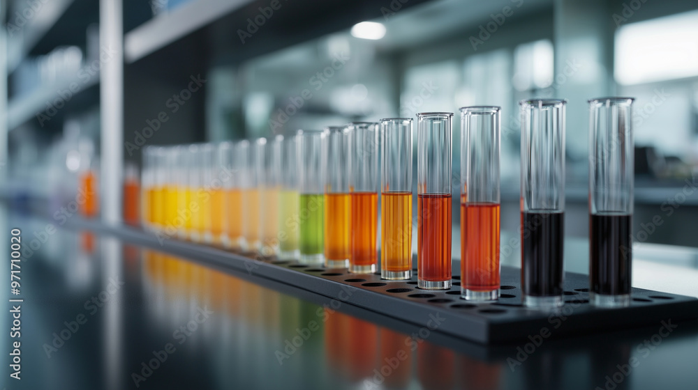 Aufkleber test tubes containing a range of colorful liquids on a lab bench, symbolizing the diversity of bioma