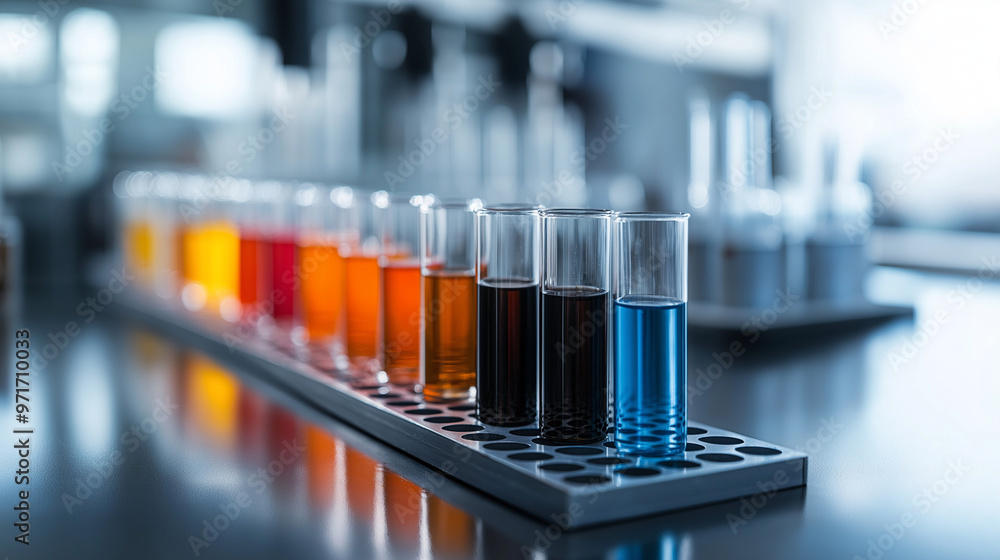 Aufkleber test tubes containing a range of colorful liquids on a lab bench, symbolizing the diversity of bioma