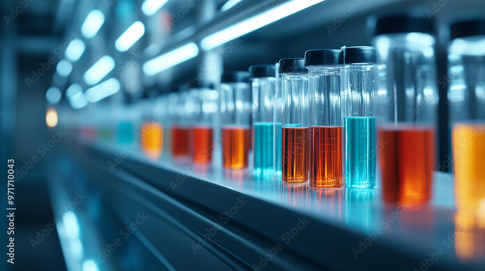 Poster a laboratory with test tubes filled with glowing liquids of various colors, representing the forefro