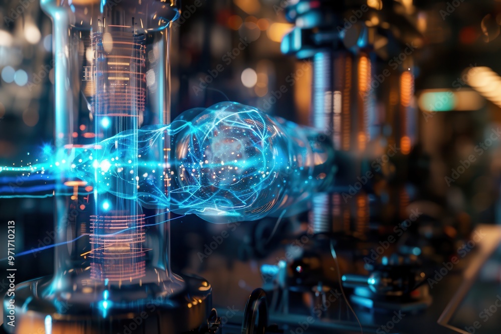 Poster A glowing energy beam surges through advanced machinery, showcasing cutting-edge technology in a laboratory setting during the evening
