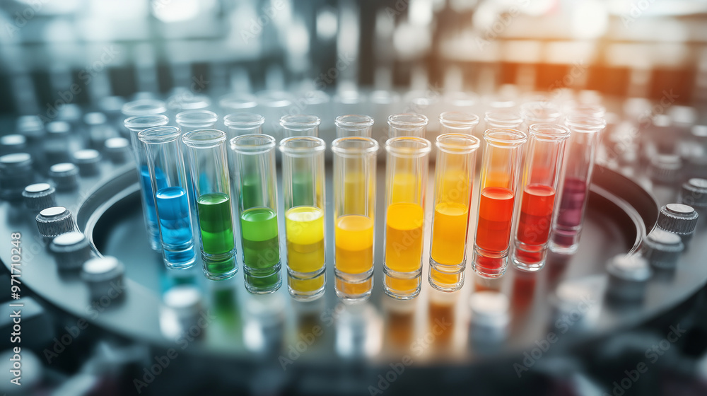 Aufkleber test tubes arranged in a circular pattern, each filled with a different colored liquid, symbolizing 
