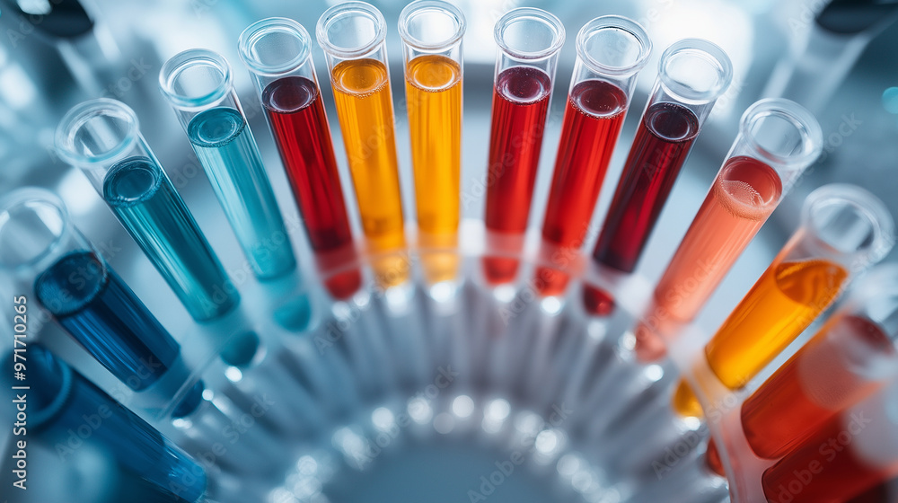 Poster test tubes arranged in a circular pattern, each filled with a different colored liquid, symbolizing 