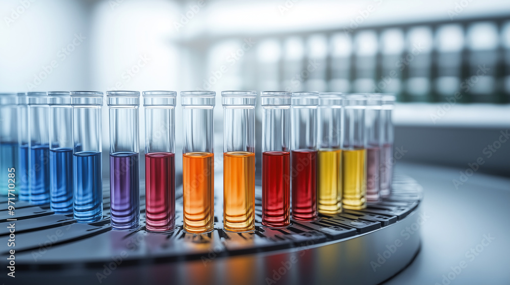 Aufkleber test tubes arranged in a circular pattern, each filled with a different colored liquid, symbolizing 