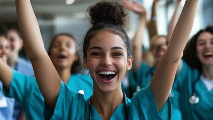 A joyful group of healthcare workers express excitement and enthusiasm during a busy morning at their workplace