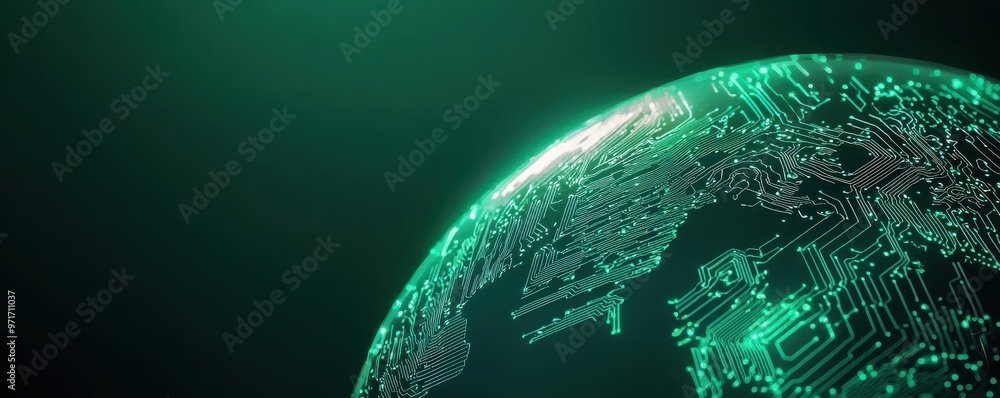 Aufkleber a futuristic digital globe with green circuits, symbolizing technology and connectivity in a global 