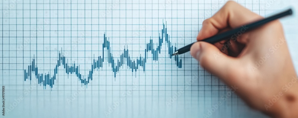 Poster a hand sketches a fluctuating graph on a grid, symbolizing analysis and data trends in finance or bu