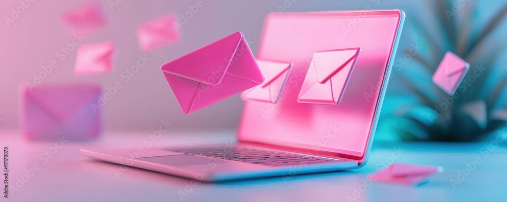 Poster a vibrant laptop with floating envelopes, symbolizing digital communication and modern messaging in 