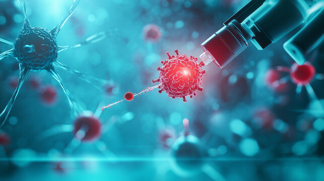 In a microscopic landscape, a robotic arm is seen injecting a cancer cell, capturing the technological advancements in precision oncology.