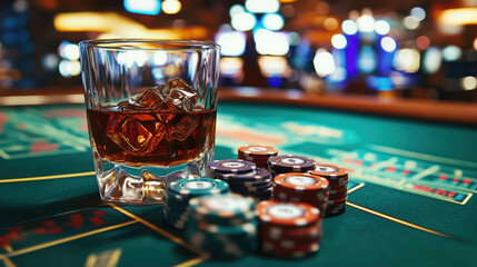 A whiskey glass on a poker, pool, game table with a pile of poker chips at arcade, casino, bar or pub. poker game ornight out, partying at a bar in casino, weekend party fun casino background concept