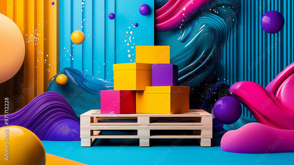 Poster an abstract composition with brightly colored, geometric boxes on a pallet, against a surreal backgr