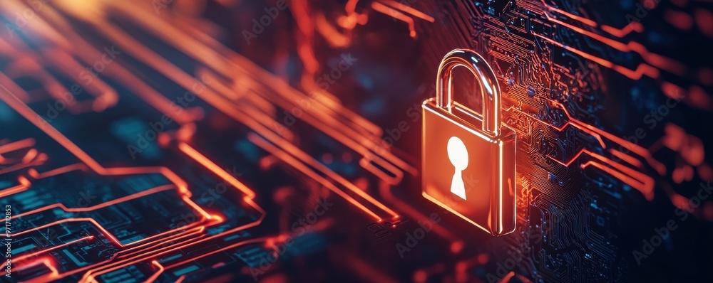 Poster digital security concept with a glowing lock symbol on a circuit board, representing data protection