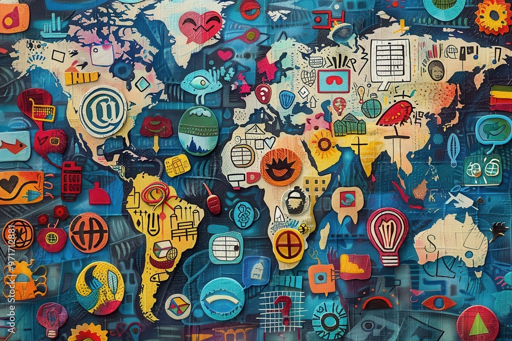 Aufkleber A colorful world map made of digital icons representing technology, connectivity, and global communication methods amid a vibrant backdrop