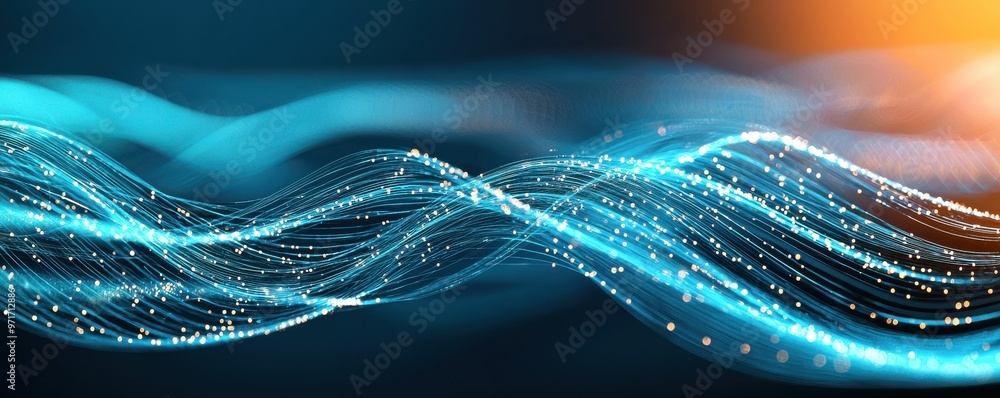 Poster dynamic blue and orange wave patterns with glowing particles create a vibrant and modern digital bac