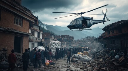 A helicopter hovers above a village devastated by an earthquake, while villagers gather amidst piles of rubble and relief supplies in the background