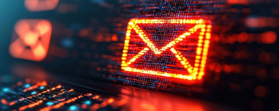 Digital illustration of an illuminated email icon amidst a backdrop of binary code, showcasing technology and communication themes.