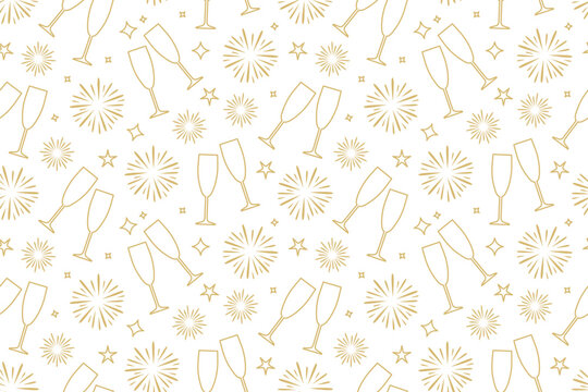 seamless New Year's Eve golden pattern with champagne glasses, fireworks and stars- vector illustration