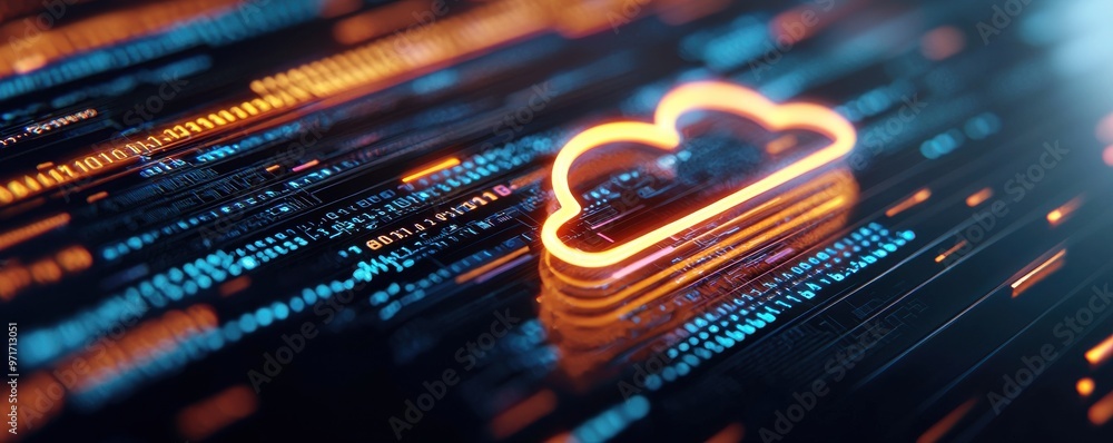 Poster futuristic cloud computing concept with digital data flow and glowing cloud symbol, representing tec