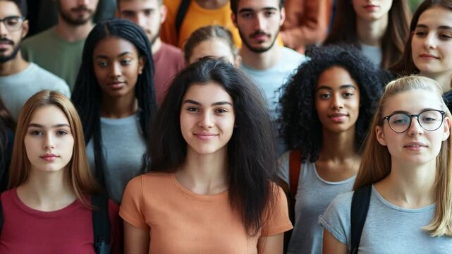 A group of young diverse people, are standing in a line, looking at the camera, smiling and seem happy to be together.