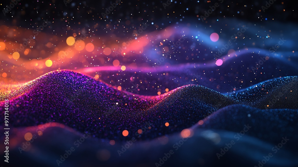 Poster abstract 3d rendering of sparkling particle waves with bokeh lights.