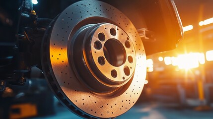 Closeup of a steel brake disc and wheel hub detail illuminated by sunlight Concept of replacing wheel pads in a garage car service