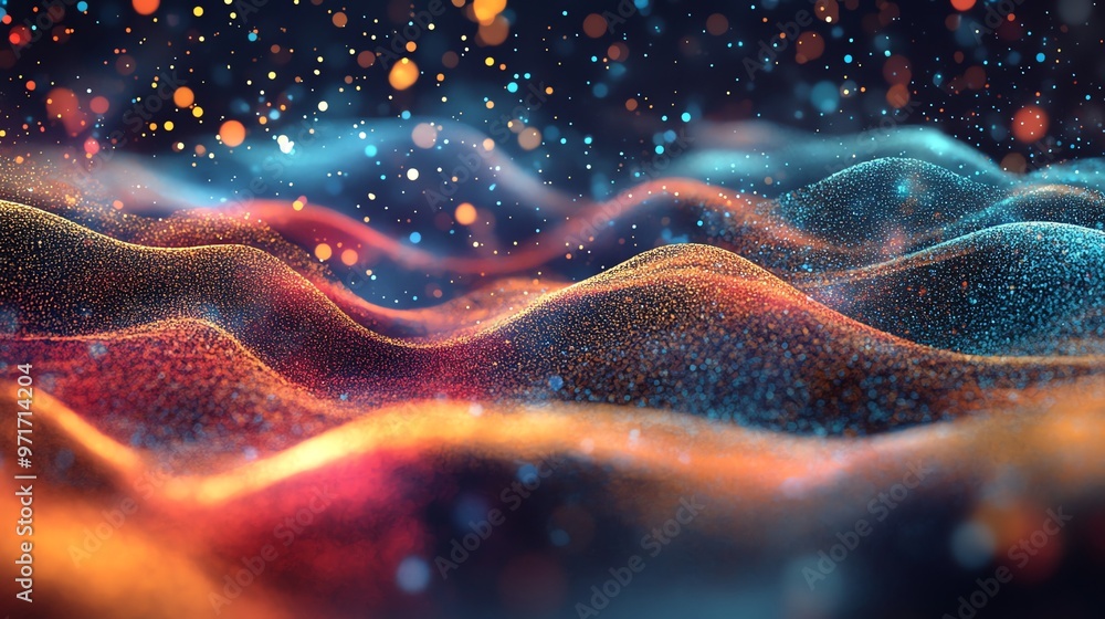 Poster abstract background with glowing particles and bokeh lights.
