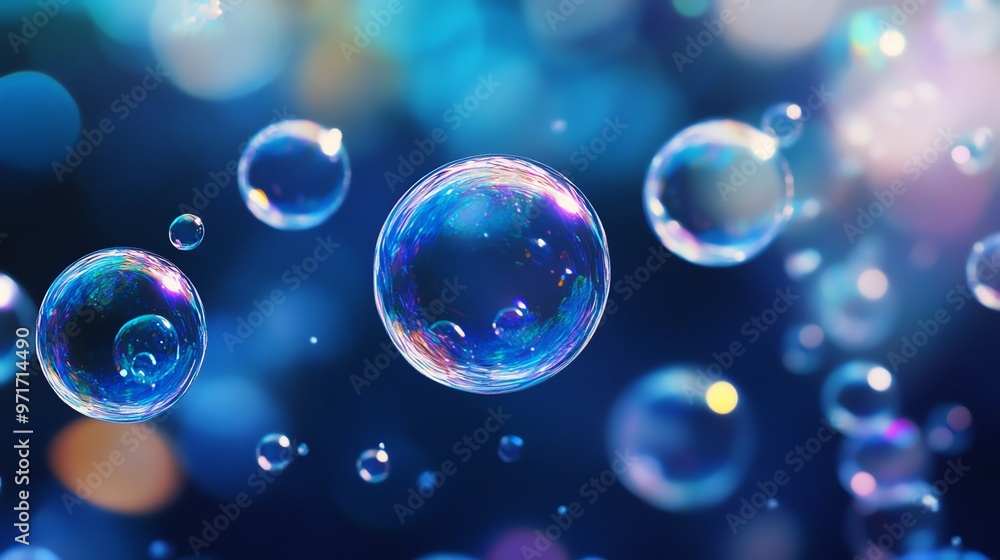 Poster colorful iridescent soap bubbles floating in front of a blue bokeh background.