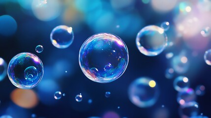 Colorful iridescent soap bubbles floating in front of a blue bokeh background.