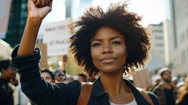 A young black woman stands confidently with her fist raised high, participating in a peaceful protest amidst a diverse crowd in an urban environment