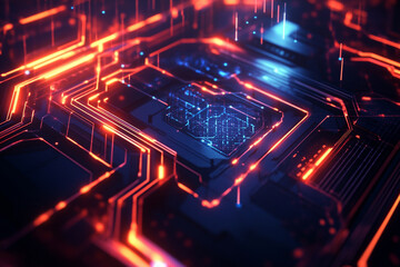 Fototapeta premium Abstract Circuitry Pattern with Glowing Lines, Hexagonal Shapes, and Metallic Textures, Futuristic Tech Vibe Background