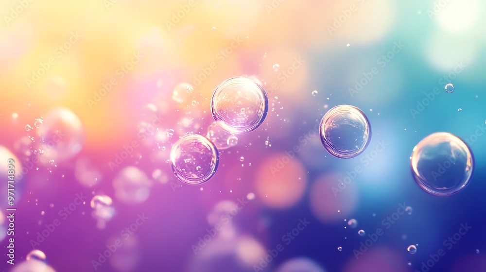 Poster colorful abstract background with floating bubbles and bokeh lights.