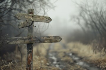 Naklejka premium Weathered signpost stands at a fork in a misty forest path surrounded by bare trees and overgrown grass on a gloomy day
