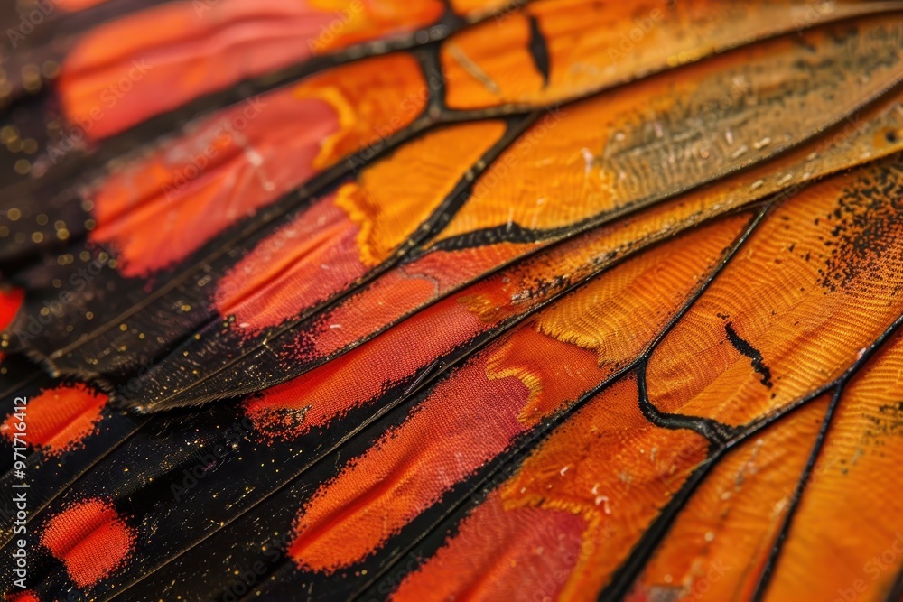 Poster Close-up view of a vibrant butterfly wing displaying intricate textures and colors, highlighting nature's artistry during a sunny afternoon in a garden
