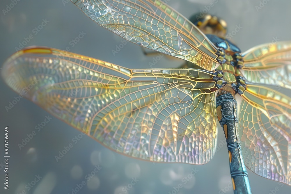Aufkleber a close-up of a dragonfly showcasing its intricate, iridescent wings while perched on a slender stal