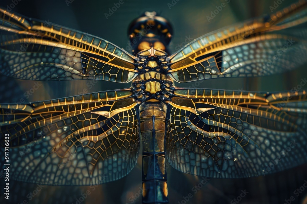 Poster a close-up of a dragonfly showcasing its intricate, iridescent wings while perched on a slender stal