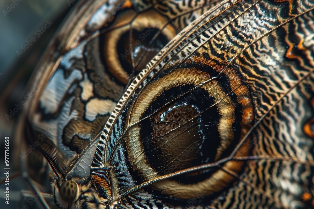 Poster close-up of a vibrant butterfly wing showcasing intricate patterns and colors common to tropical spe