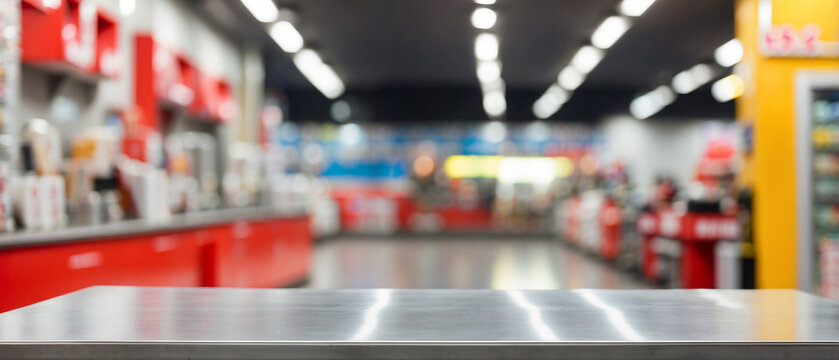 The empty stainless steel table top with blur background of Gas Station. For product display