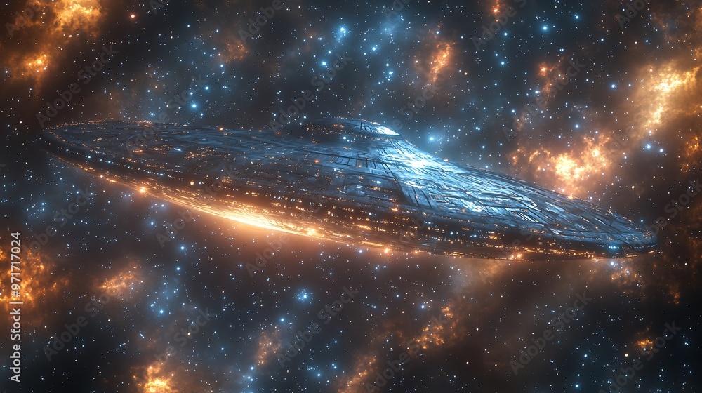 Poster a futuristic spaceship flying through a vast nebula with a dense field of stars in the background.