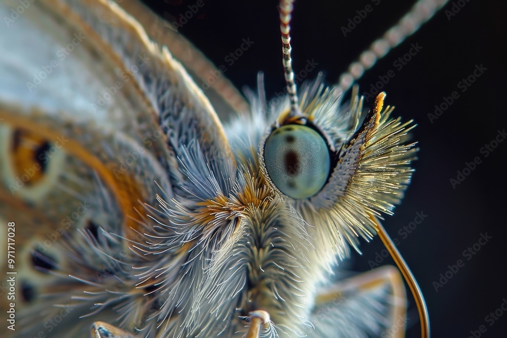 Poster a close-up view of a butterfly revealing intricate details of its fuzzy body and vibrant eye pattern